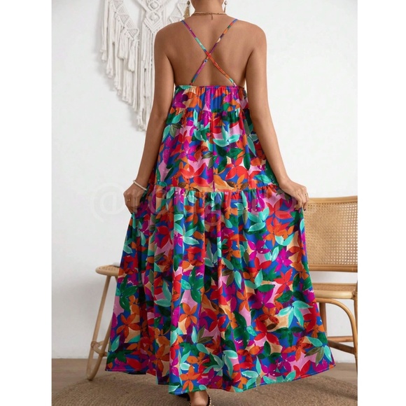 Tropical Floral Multicolor Maxi Cami Cut Out Criss Cross Straps Dress Babydoll - Picture 3 of 7